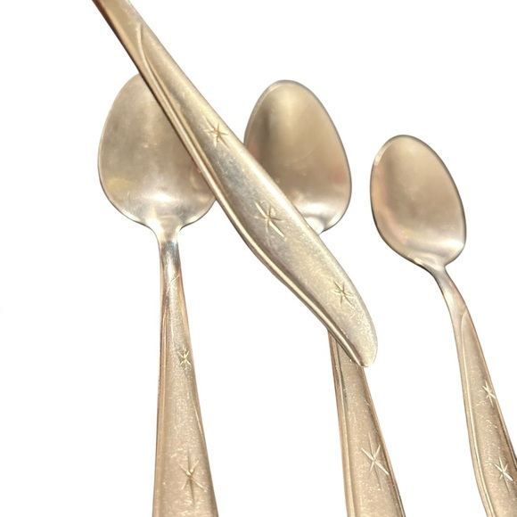 Six TRIPLE ATOMIC STAR Marcrest Vintage Spoons 1950’s 2 Serving Soup 4 Dinner - Picture 2 of 3